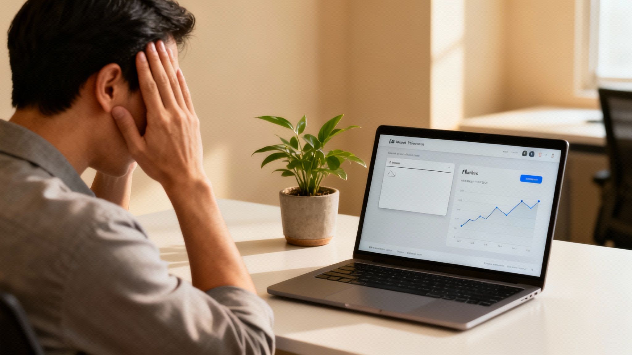 A man with hands on his head, looking stressed at a laptop displaying a business growth chart.