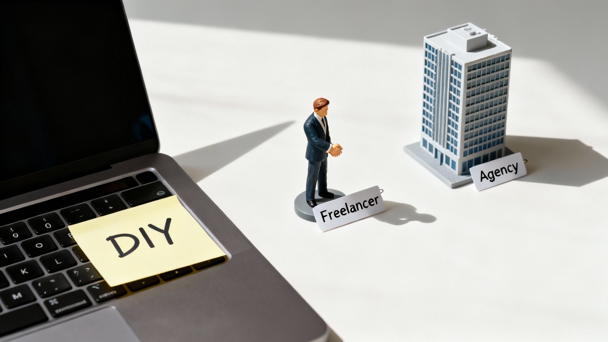 A laptop with 'DIY' note, a 'Freelancer' figure, and an 'Agency' building, representing business choices.