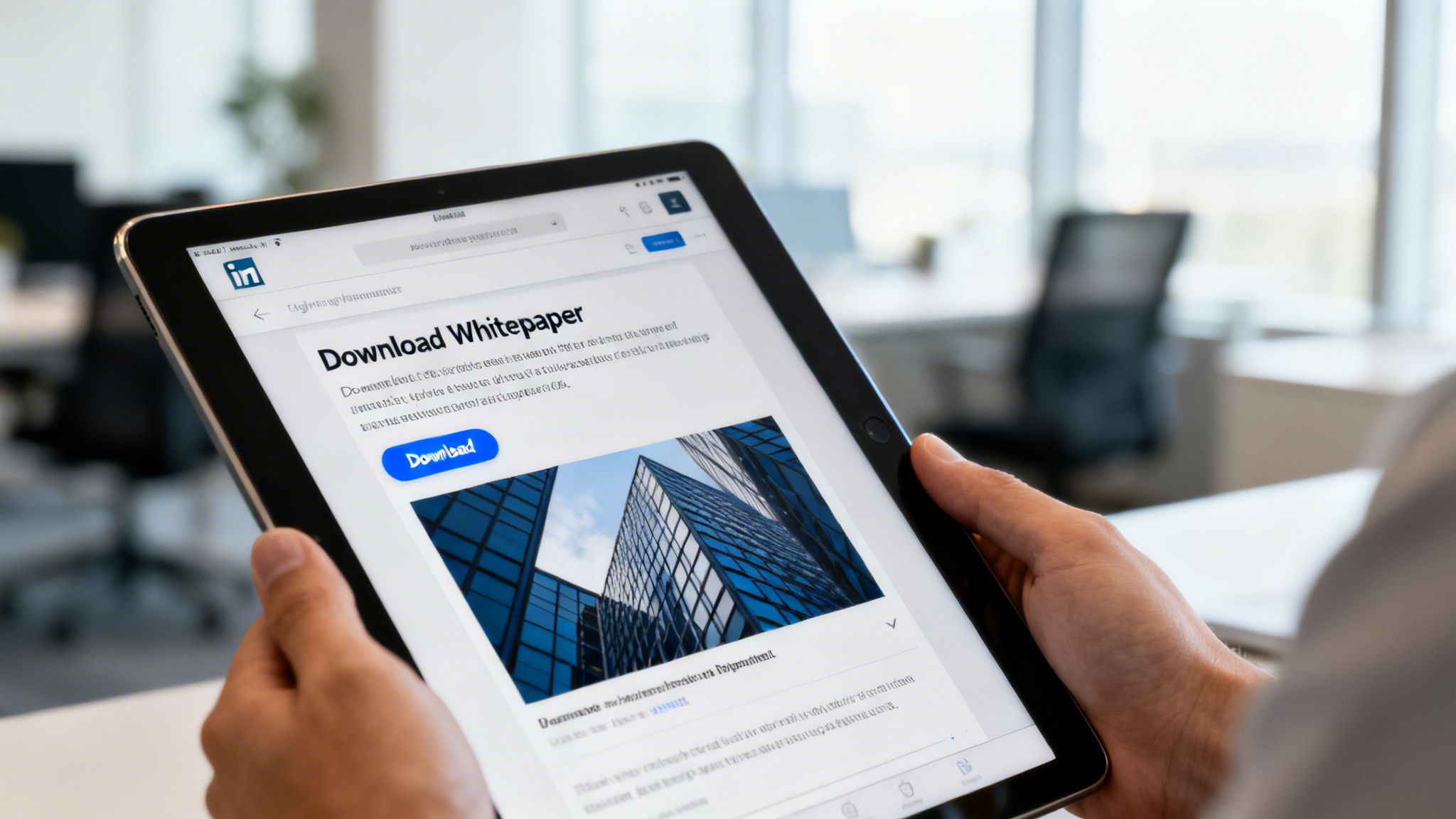 Person holding a tablet displaying a LinkedIn page with a 'Download Whitepaper' button in an office setting.