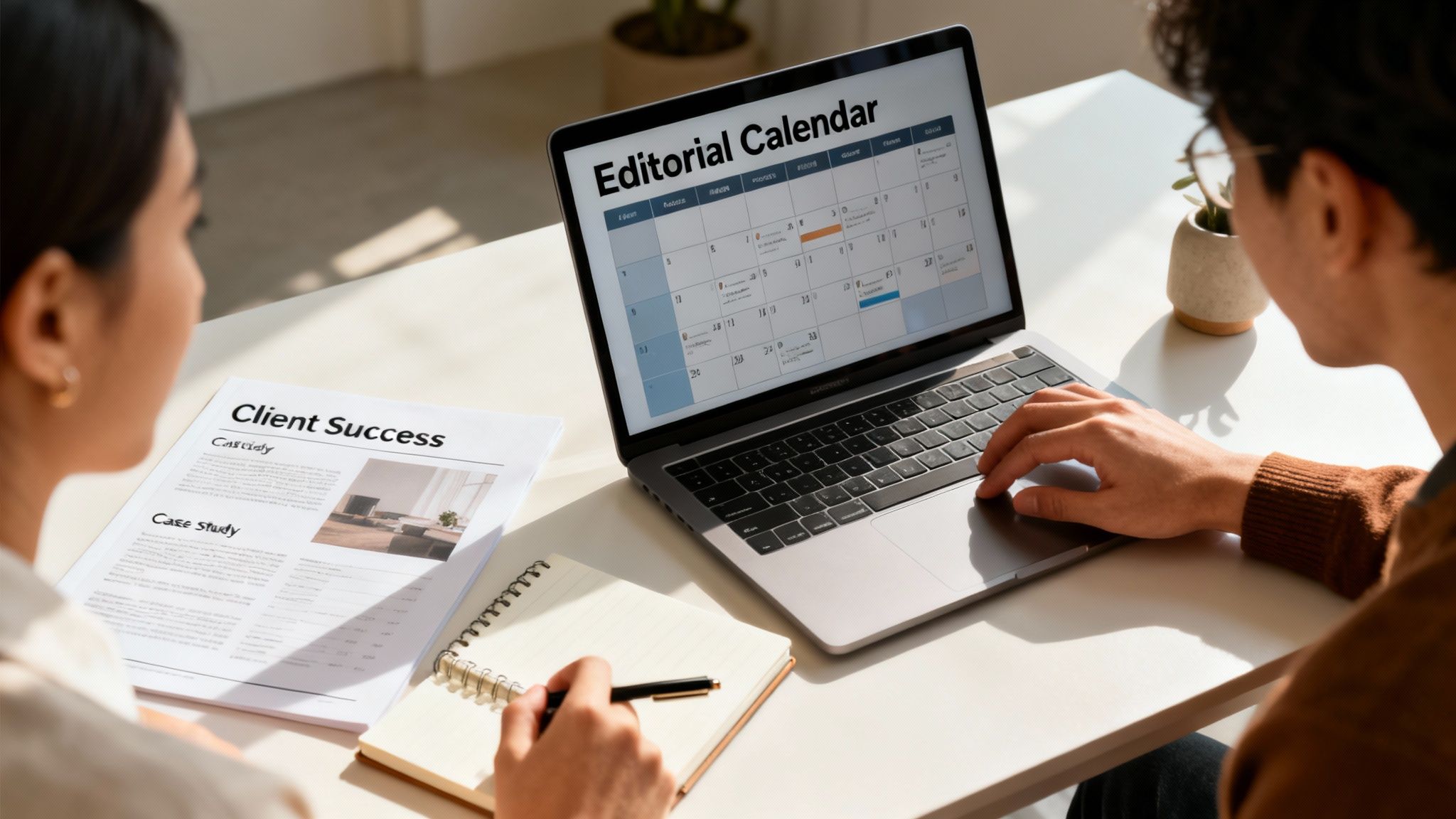 Professionals collaborate at a desk, reviewing an editorial calendar on a laptop and a client success report.