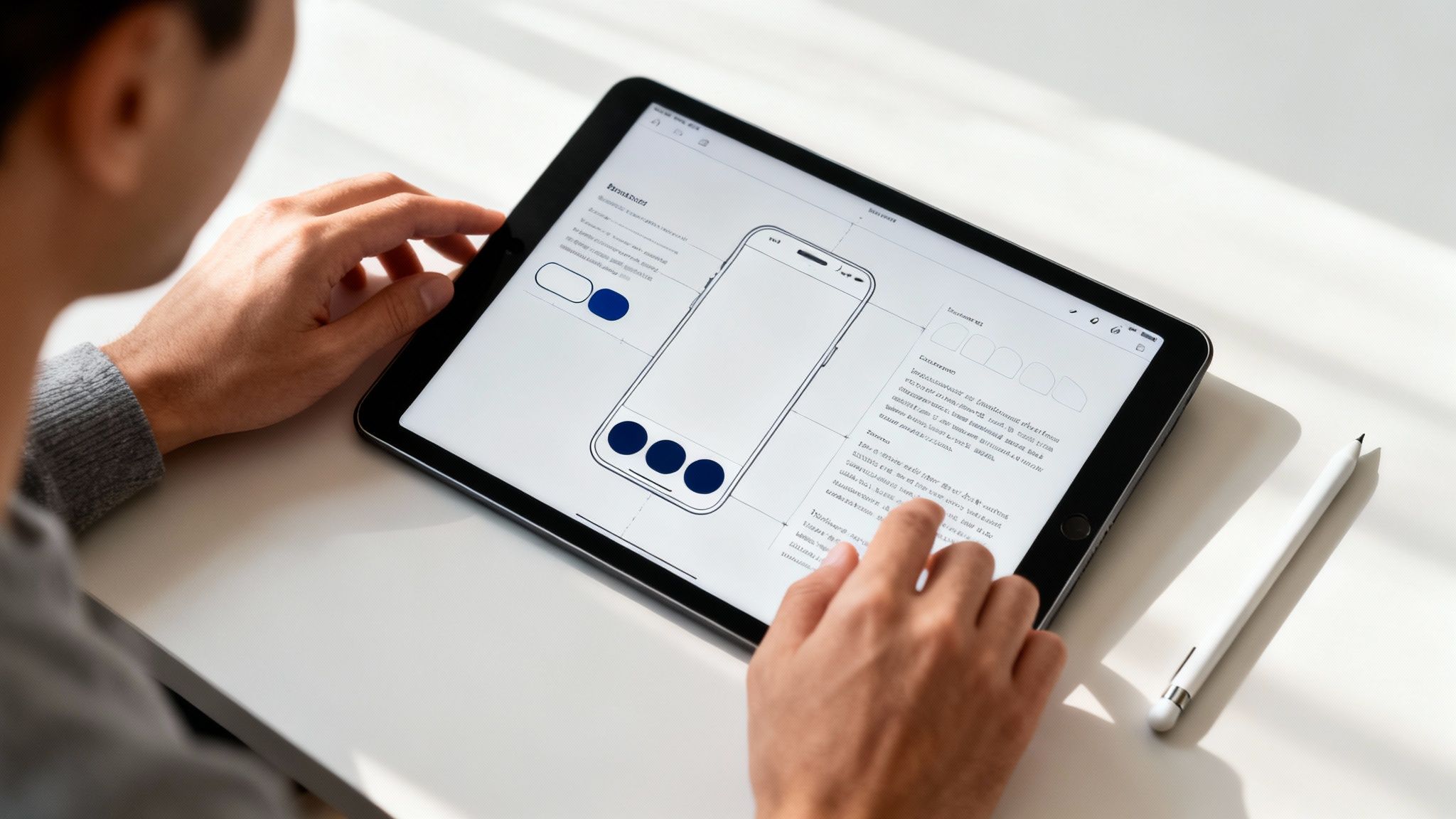 A person's hands interacting with a tablet displaying a mobile page design, with a stylus nearby.