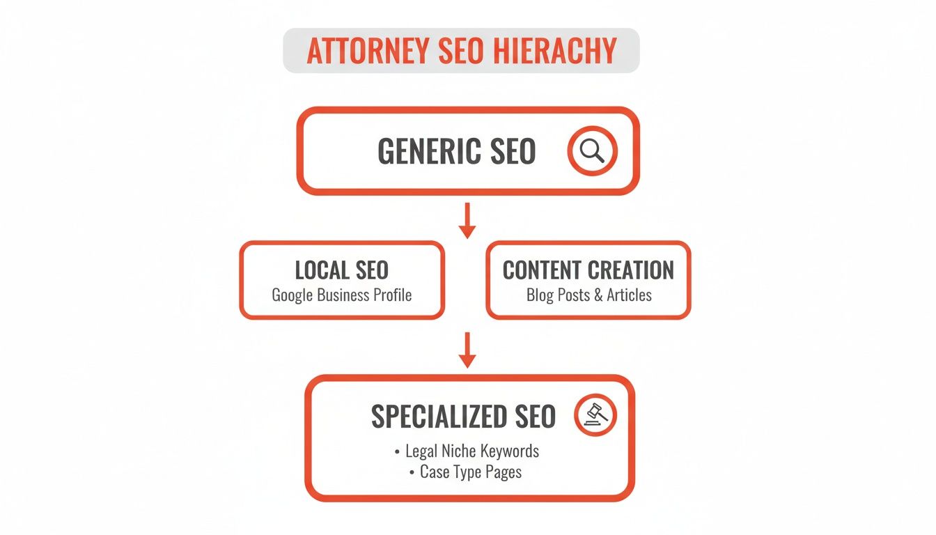 Diagram illustrating the Attorney SEO Hierarchy, outlining generic, local, content creation, and specialized strategies.