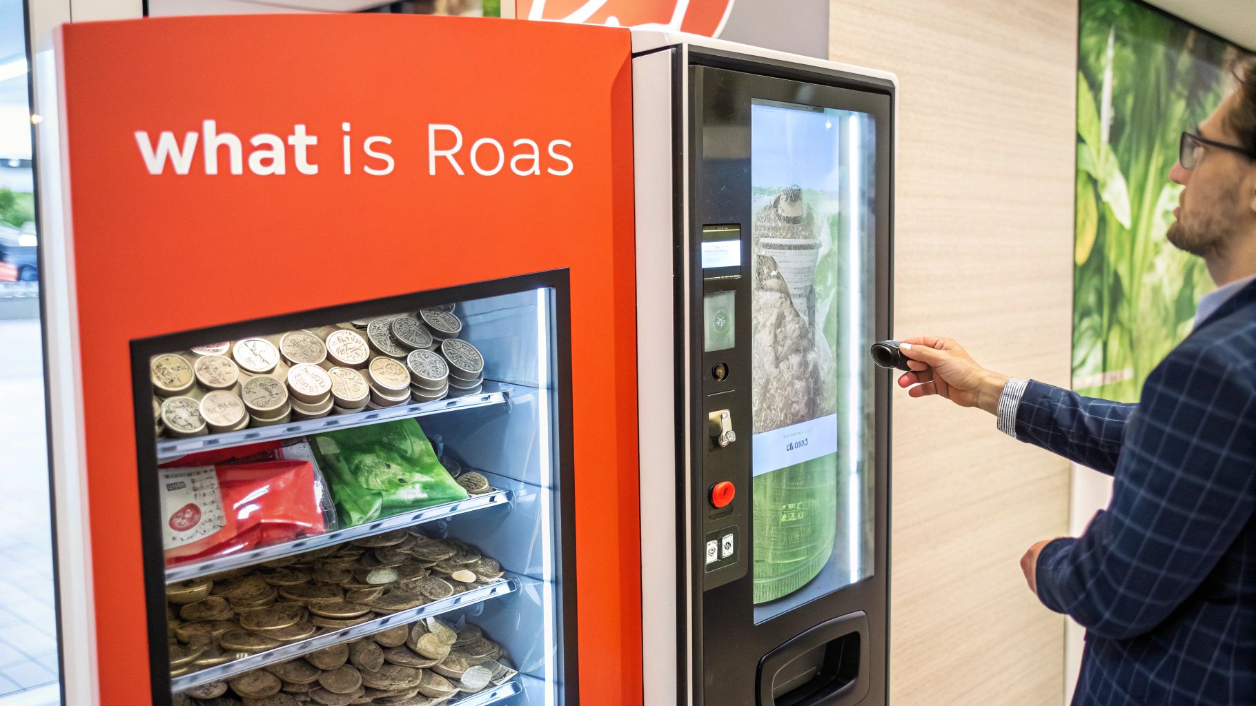 A digital marketer analyzing charts and graphs on a large screen, representing ROAS data.