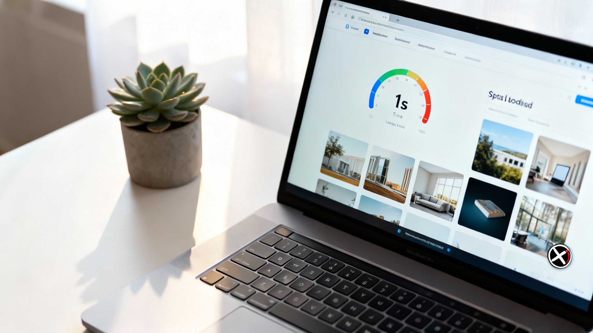 A laptop on a white table displays a website with a gauge and image gallery, next to a succulent plant.