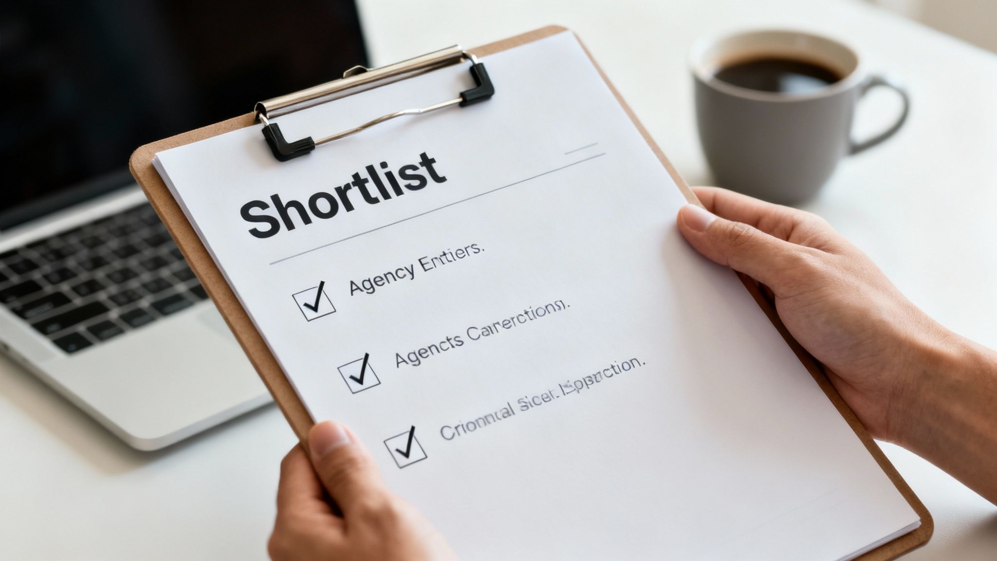 A person holds a clipboard with a 'Shortlist' document, showing checked items in an office setting.