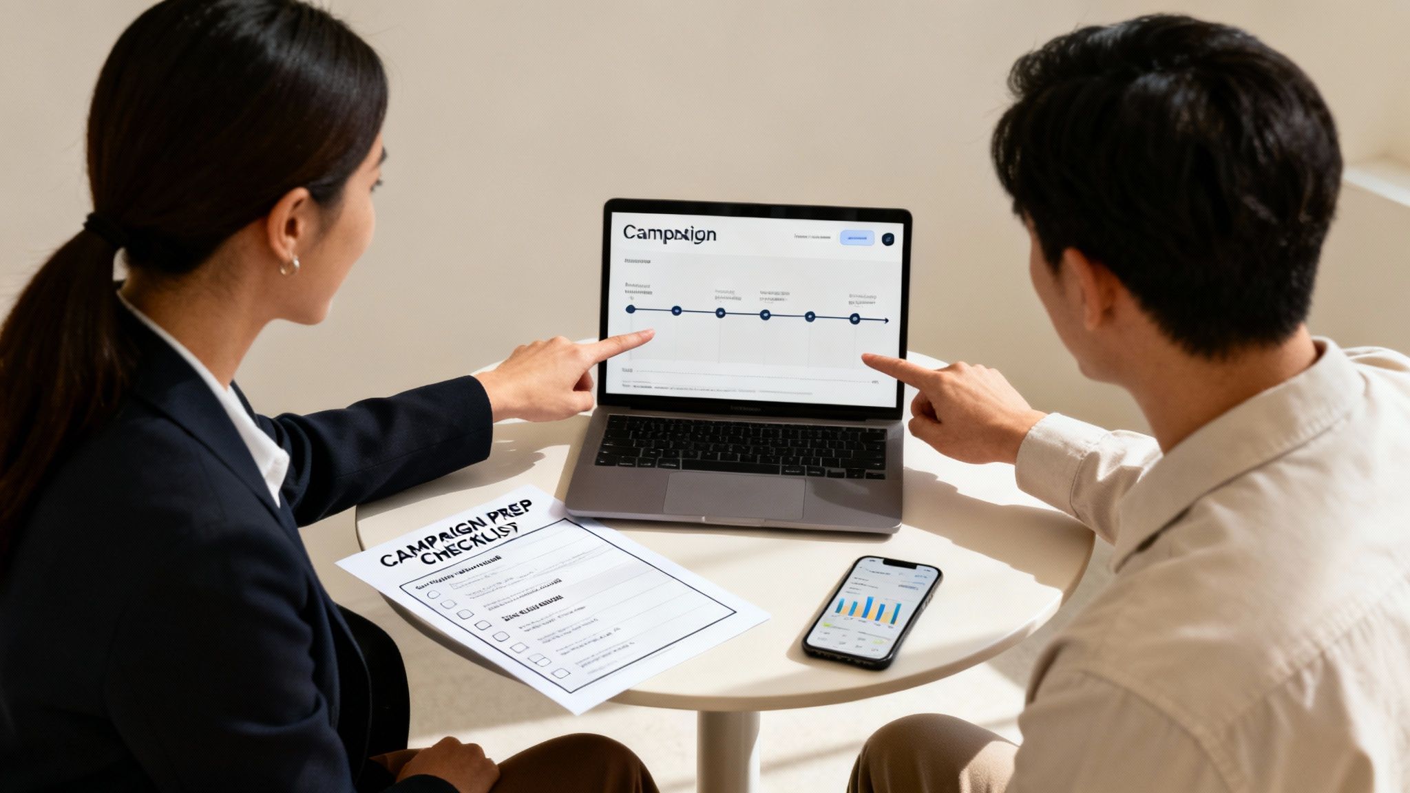 Two business people discuss campaign progress on a laptop with a checklist and smartphone nearby.