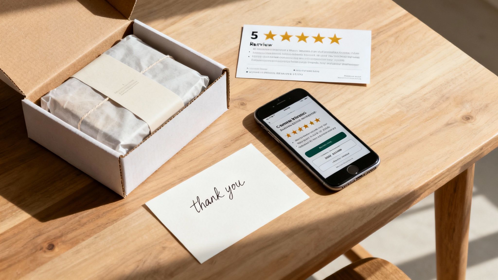 Several five-star review icons floating above a modern smartphone screen.