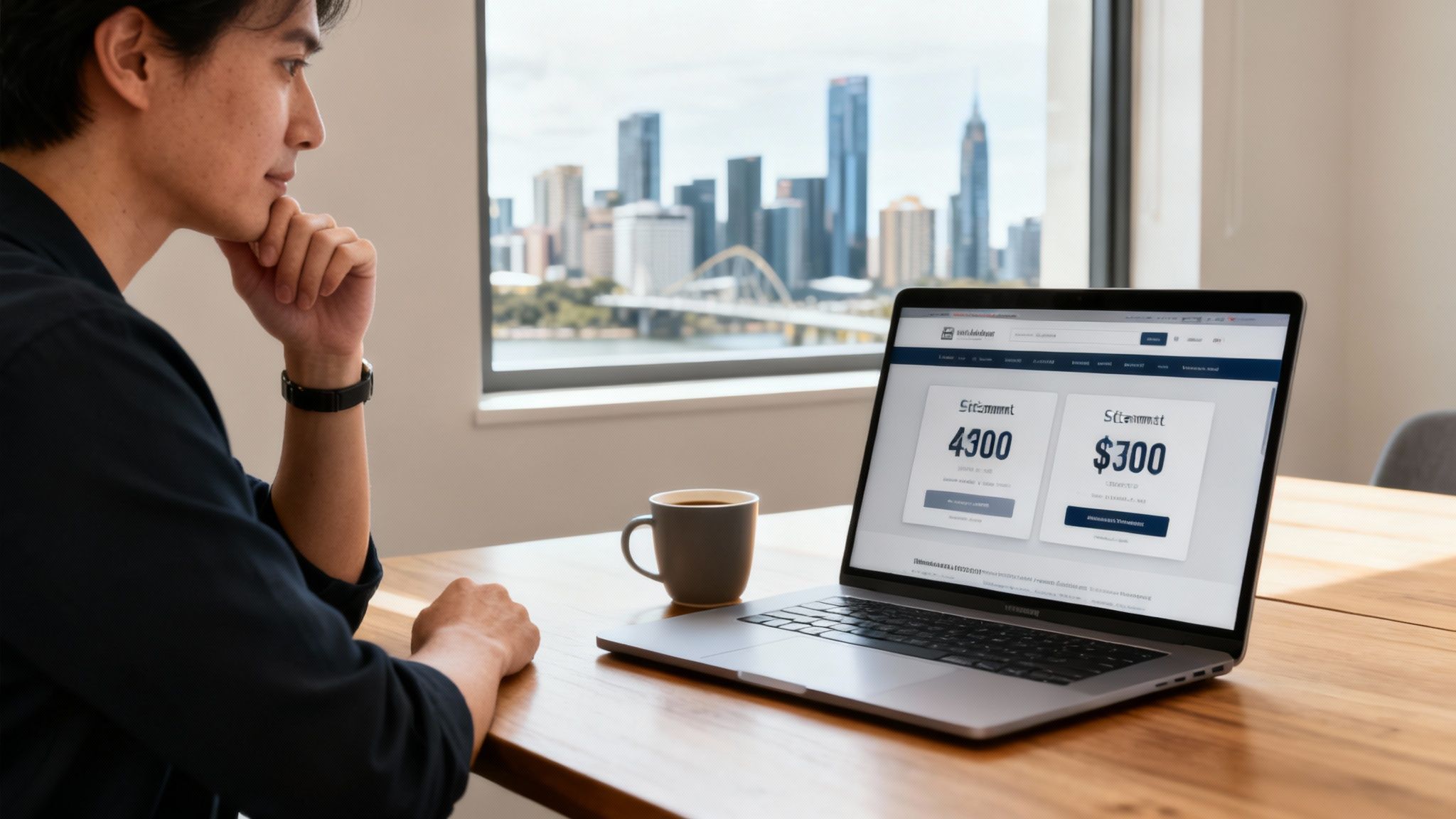 A man thoughtfully looks at a laptop displaying a website with numbers and a bridge city view.
