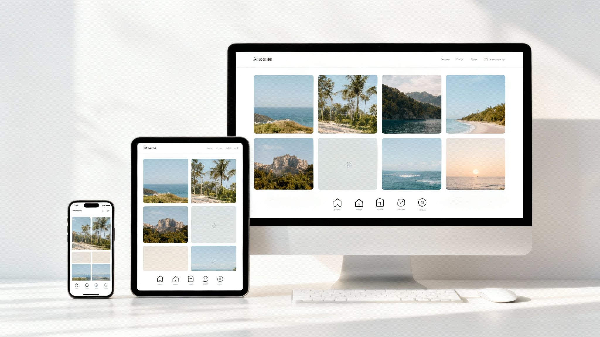 A responsive homepage design displaying travel photos across a desktop monitor, tablet, and smartphone.