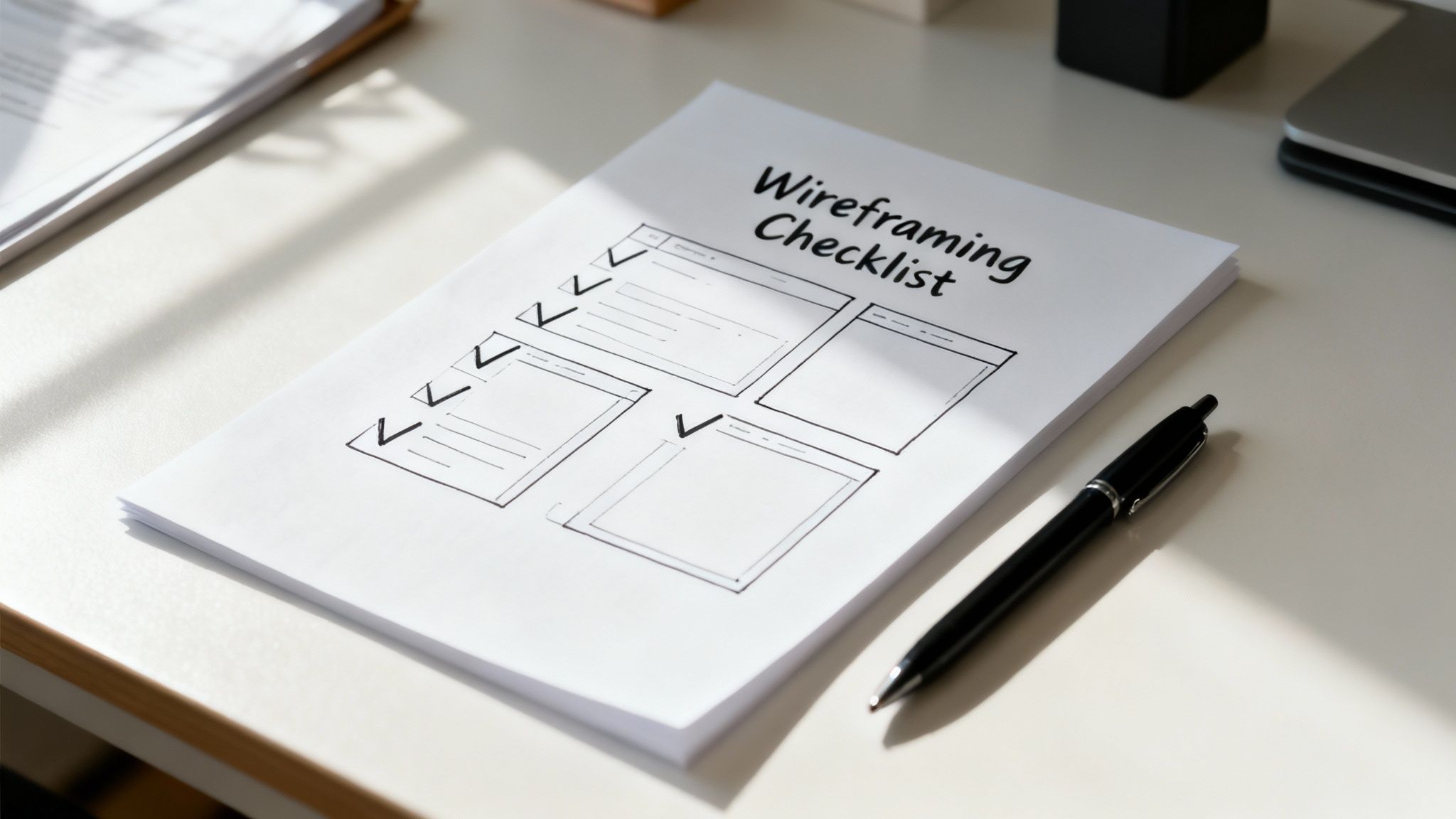 A person sketching a wireframe on a piece of paper, surrounded by sticky notes with ideas and goals.