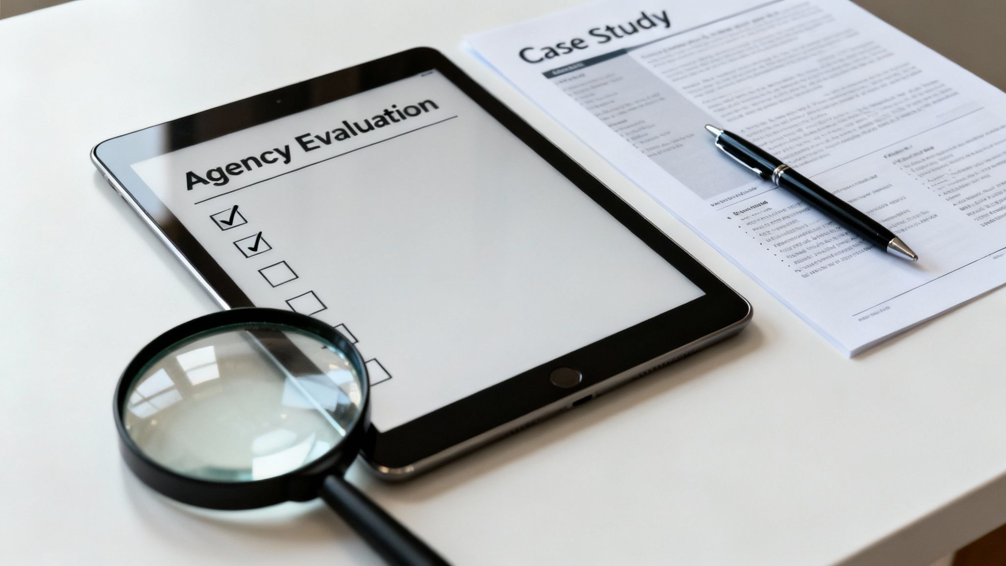 A tablet showing an 'Agency Evaluation' checklist, a 'Case Study' document, a magnifying glass, and a pen on a white desk.