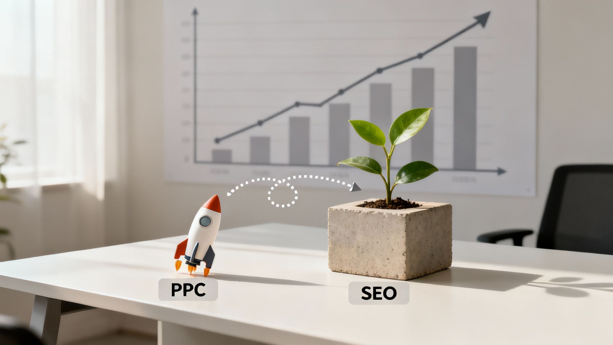 PPC rocket pointing to an SEO plant on a desk, illustrating digital marketing and business growth strategies.