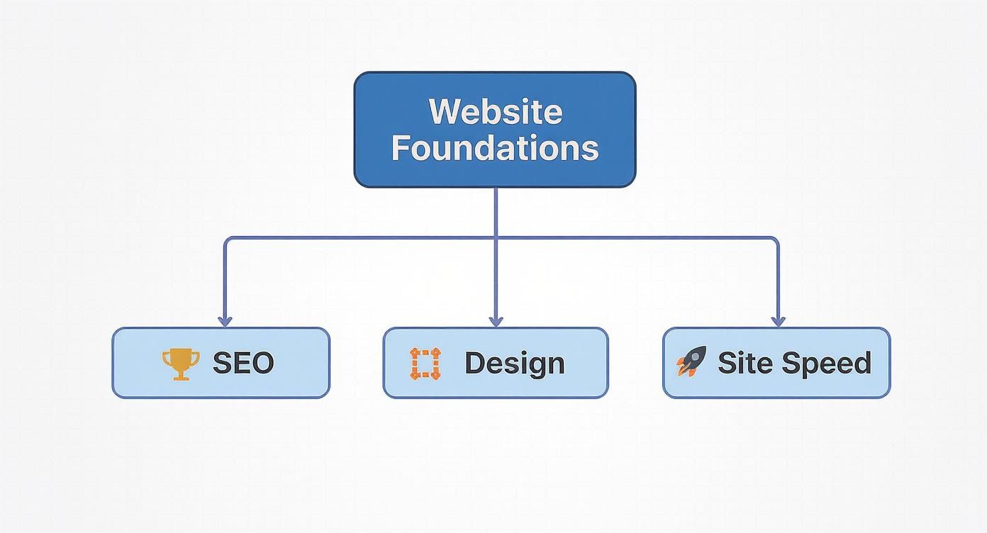 A flowchart outlining website foundations, branching into SEO, design, and site speed.