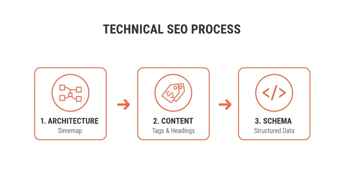 Infographic illustrating the technical SEO process, including architecture (sitemap), content (tags/headings), and schema (structured data).