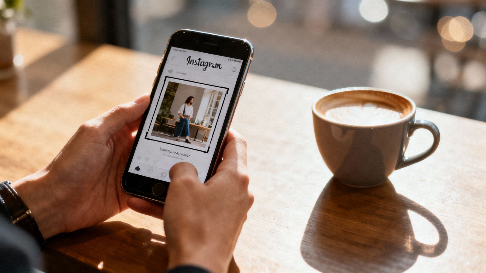 Person holds a smartphone viewing an Instagram post next to a coffee cup on a wooden table.