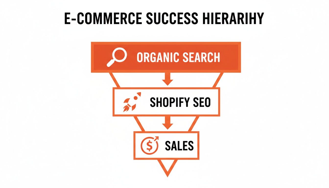 E-commerce success hierarchy diagram illustrating organic search, Shopify SEO, and sales in a funnel.