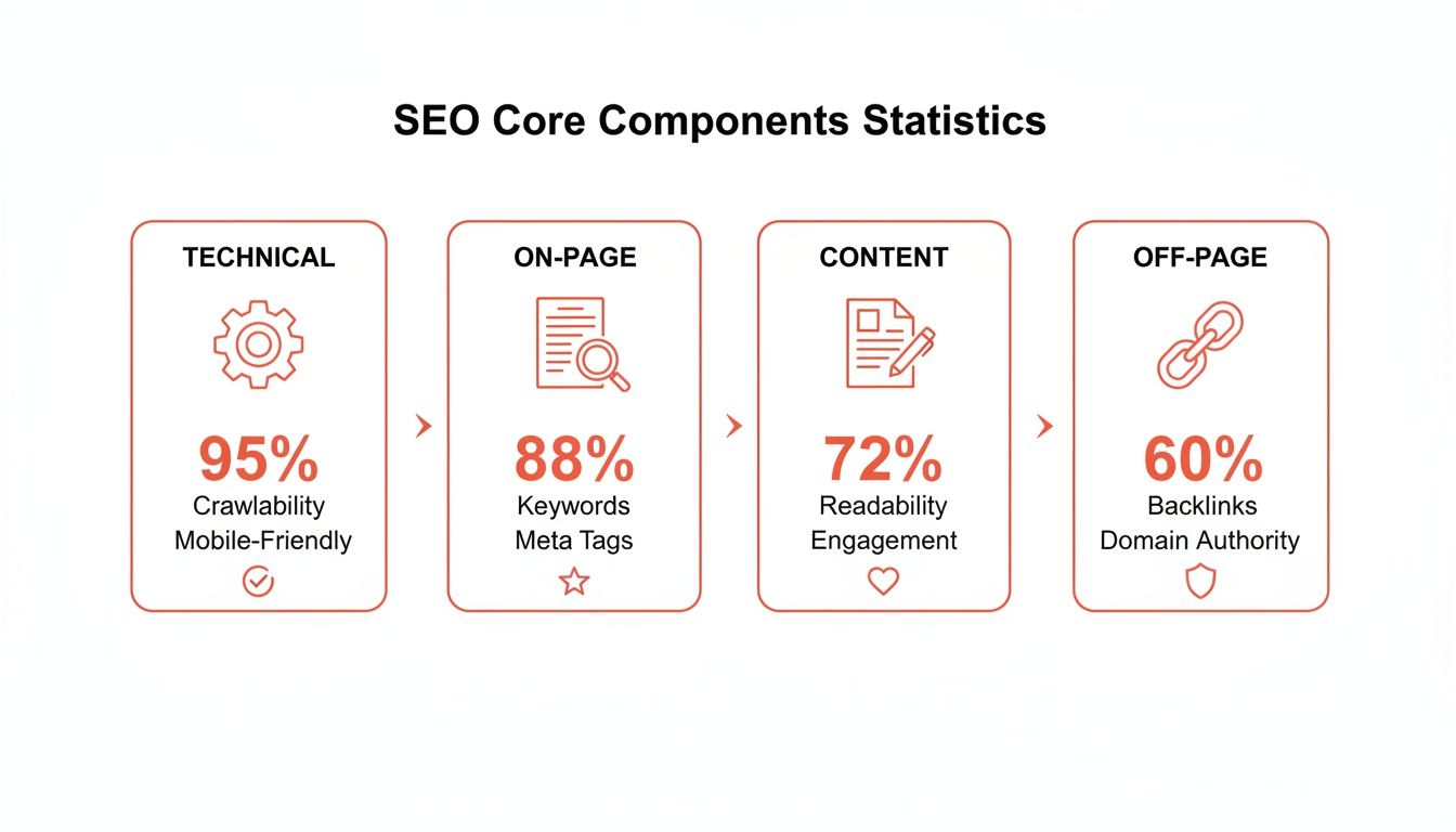 Infographic details SEO core components: Technical (95%), On-Page (88%), Content (72%), and Off-Page (60%) statistics.