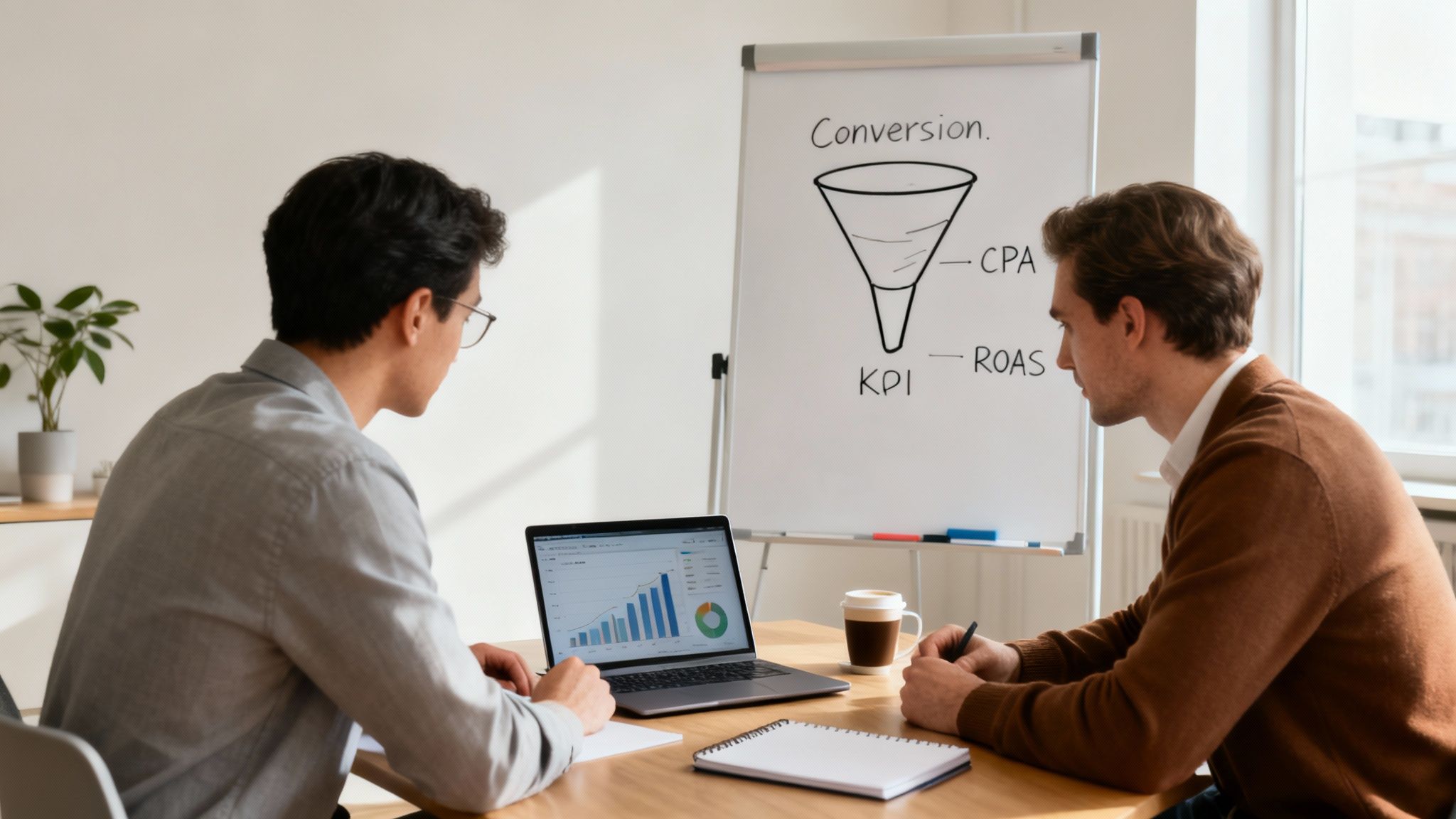 Two men discuss digital marketing strategies, analyzing data on a laptop with a conversion funnel whiteboard.
