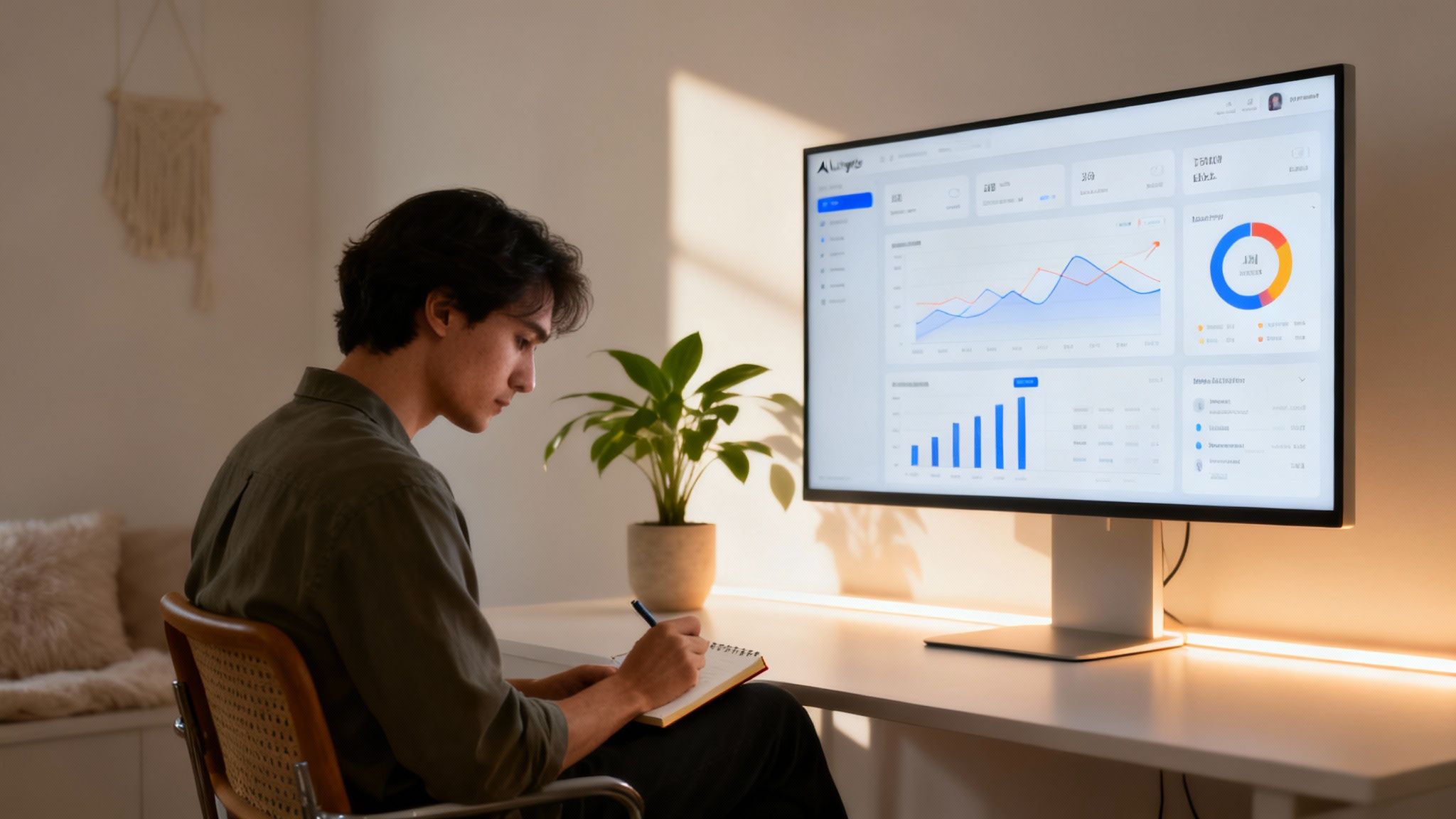 Young man writing in a notebook at a desk with a monitor showing data dashboards.