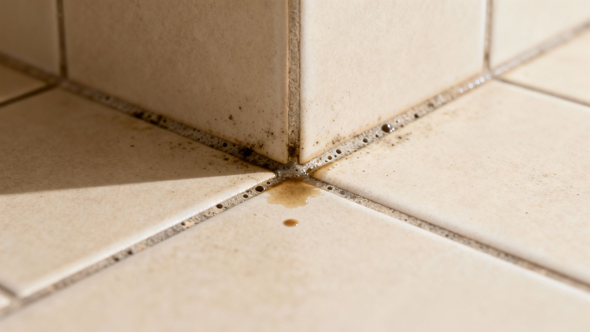 Close-up of dirty and moldy floor tile grout with dark stains, liquid spill, and bubbles.