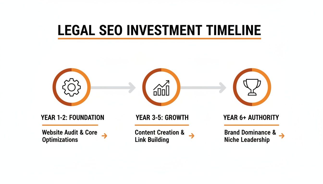 A legal SEO investment timeline showing three stages: Foundation, Growth, and Authority, with key activities.