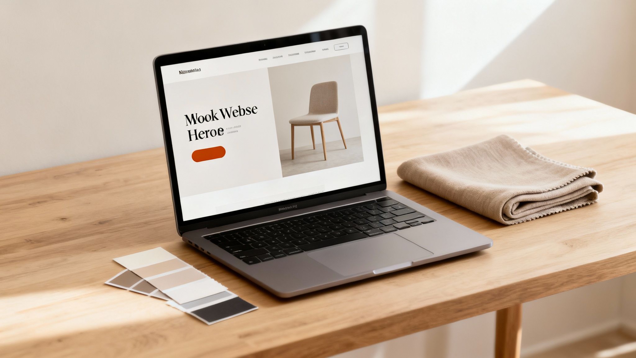 A laptop showing a website with a neutral-toned chair, color swatches, and a beige cloth on a wooden desk.