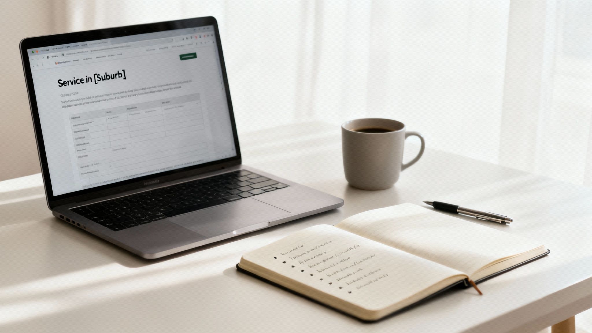 Laptop displaying service webpage with coffee mug, notebook and pen on white desk