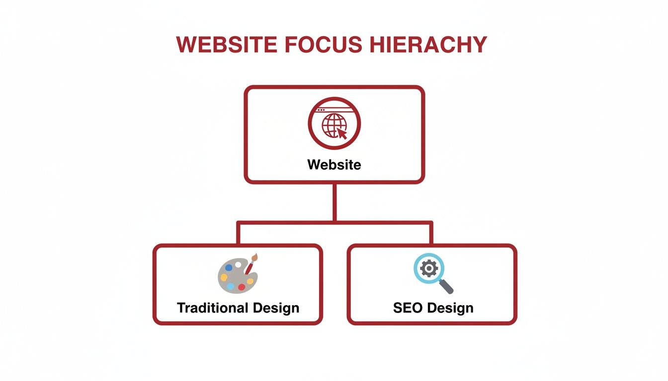 Diagram illustrating website focus hierarchy: Website branches into Traditional Design and SEO Design.