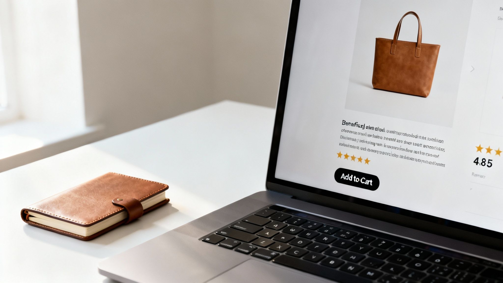 Laptop on a white desk showing an e-commerce page with a brown leather tote bag and notebook.