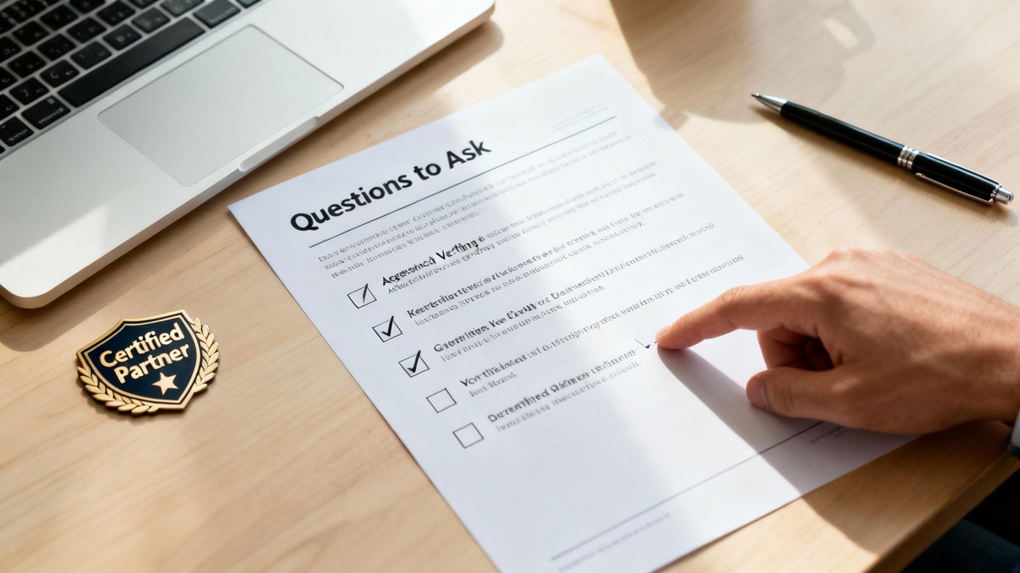 A hand points at a checklist document titled 'Questions to Ask' on a wooden desk with a laptop and a 'Certified Partner' badge.