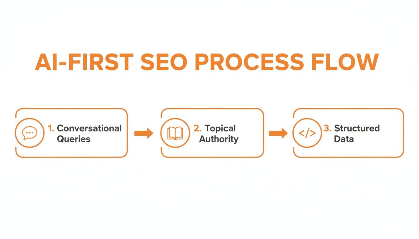 An AI-First SEO Process Flow diagram with steps: Conversational Queries, Topical Authority, and Structured Data.