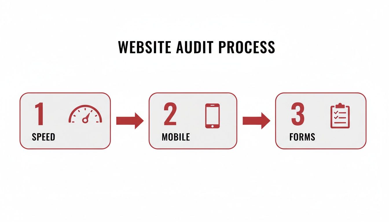 Infographic illustrating a website audit process with three key steps: speed, mobile, and forms.