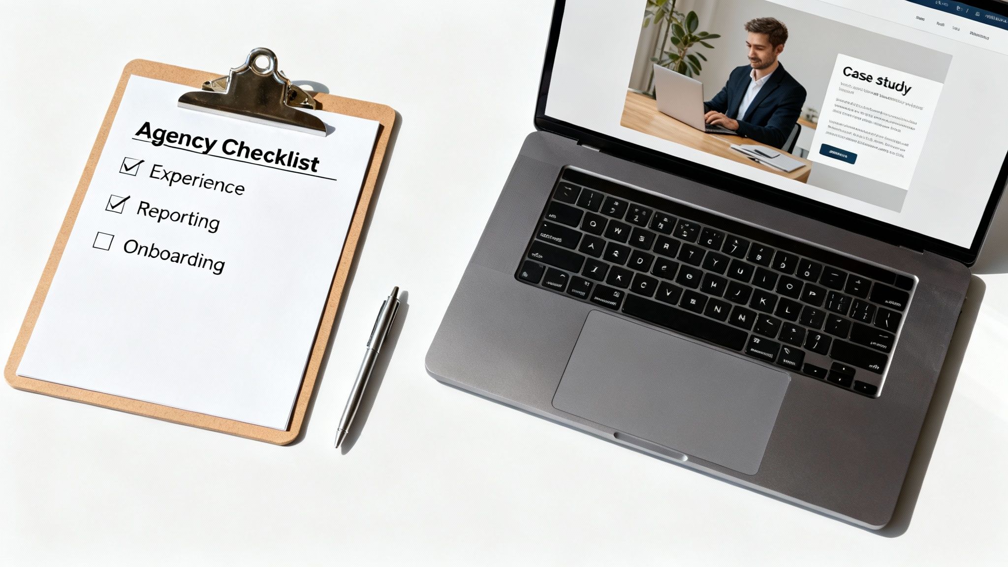 A clipboard with an 'Agency Checklist' showing Experience and Reporting checked, next to a laptop displaying a 'Case study'.