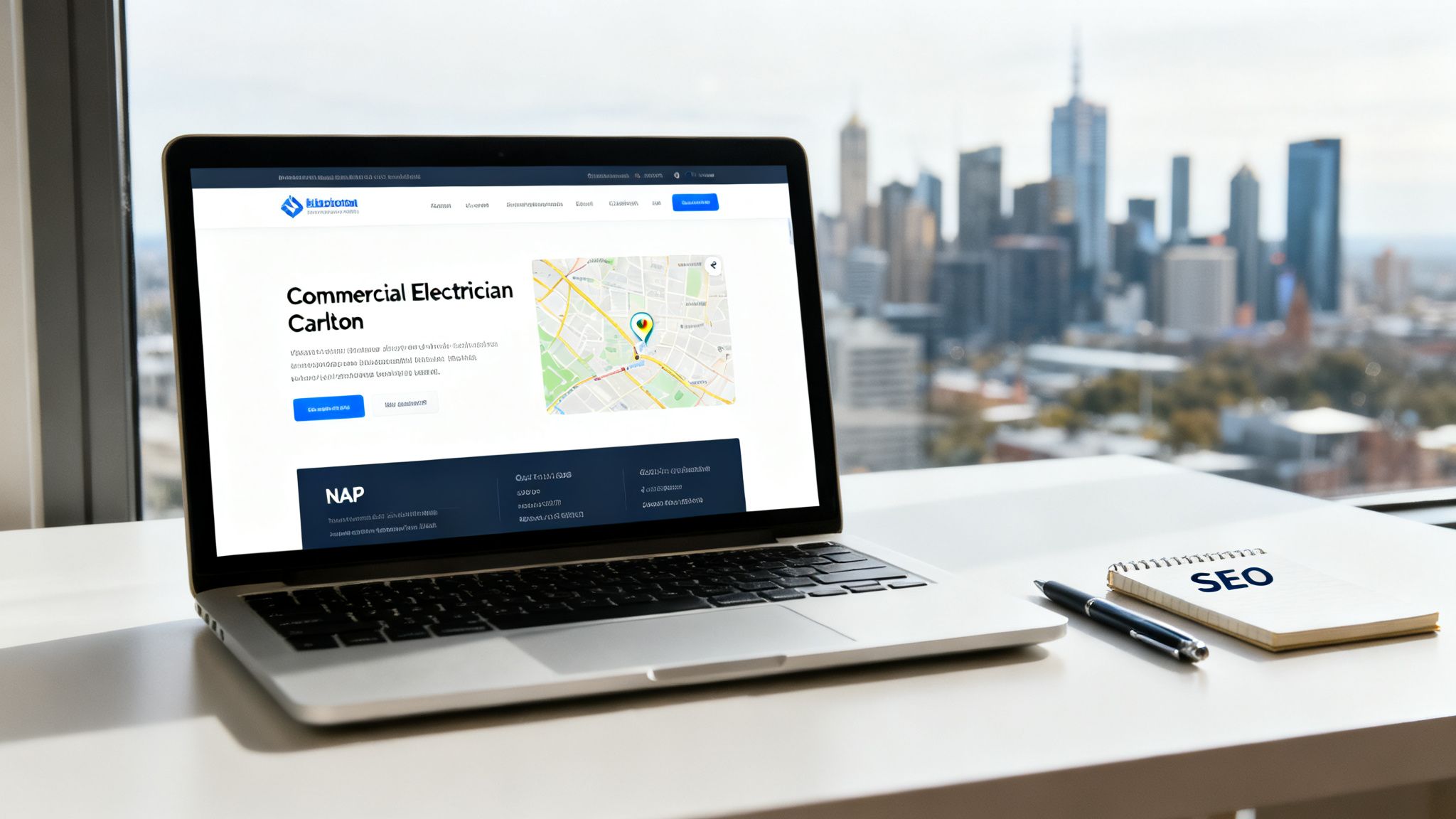 Laptop showing an electrician's website with a map, alongside an SEO notepad on a desk.