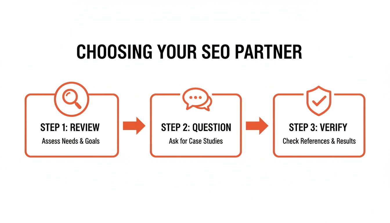 Infographic showing a three-step process to choose an SEO partner: Review, Question, Verify.