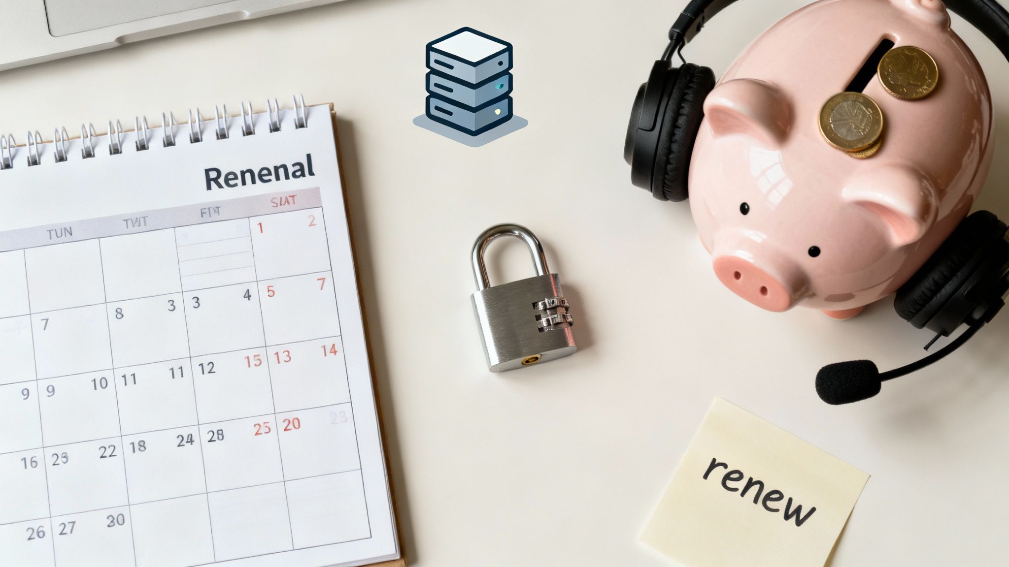 Flat lay of calendar, server icons, padlock, piggy bank, and 'renew' note, representing digital service renewal and security.