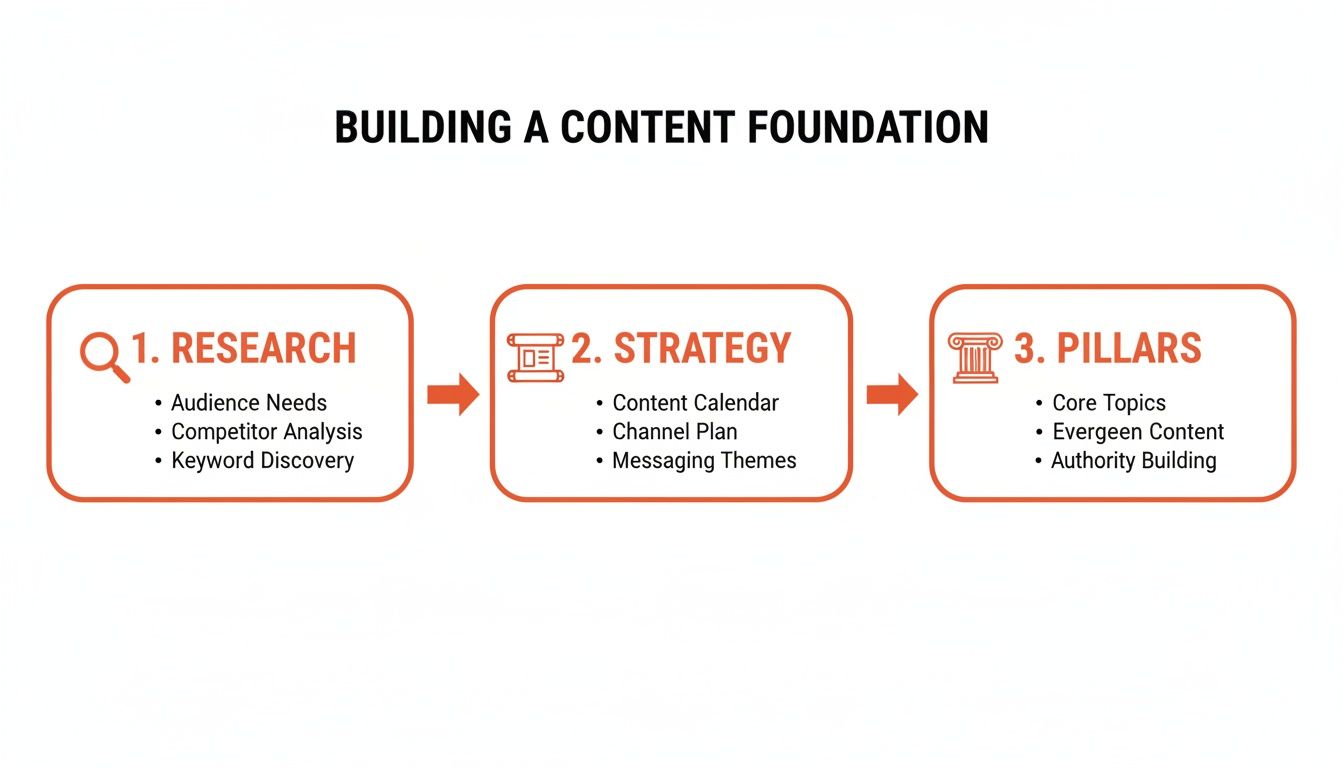 Flowchart showing three steps to building a content foundation: Research, Strategy, and Pillars.