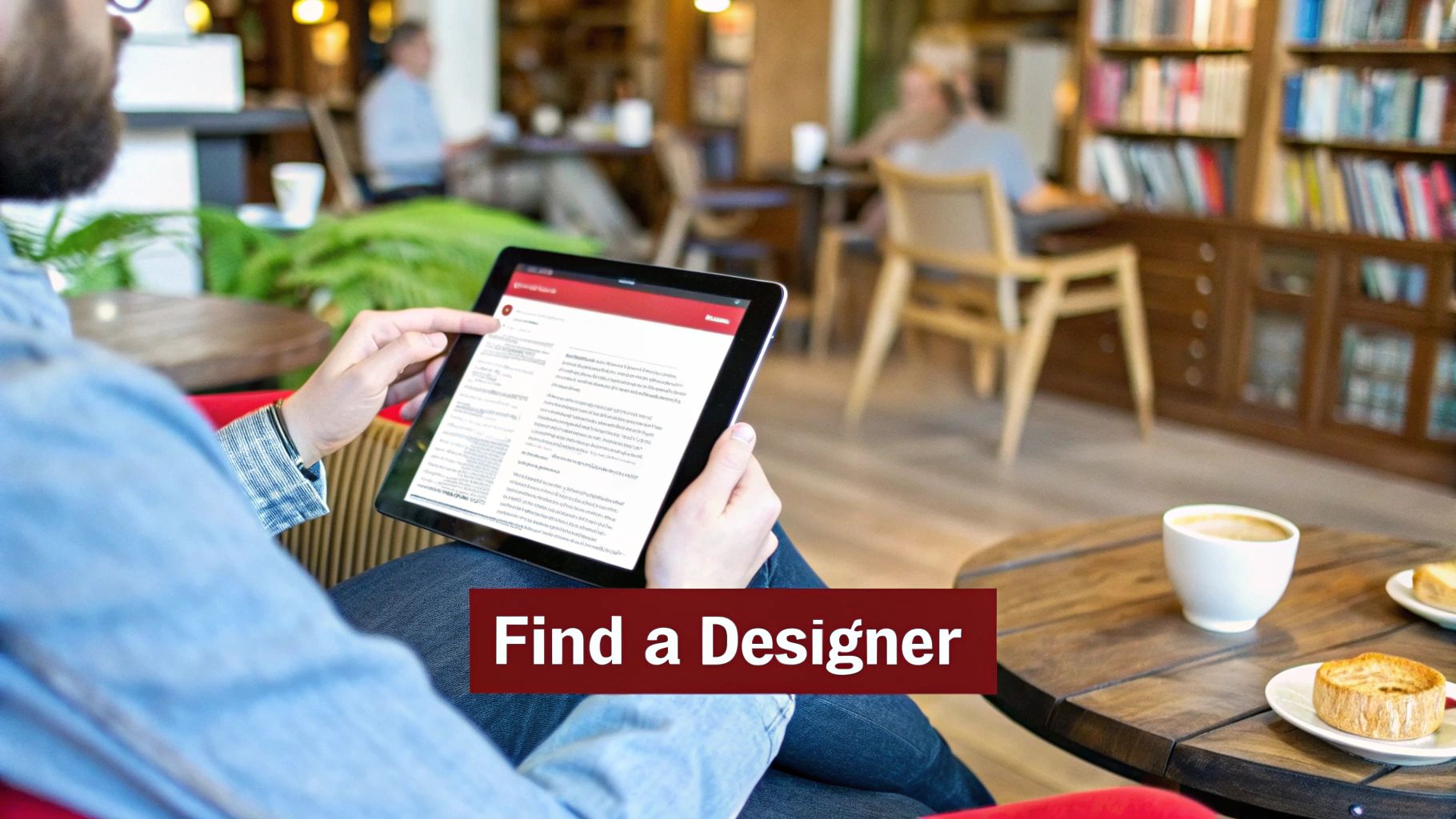 A person looking at a computer screen displaying various web designer portfolios, with a magnifying glass graphic overlaid.