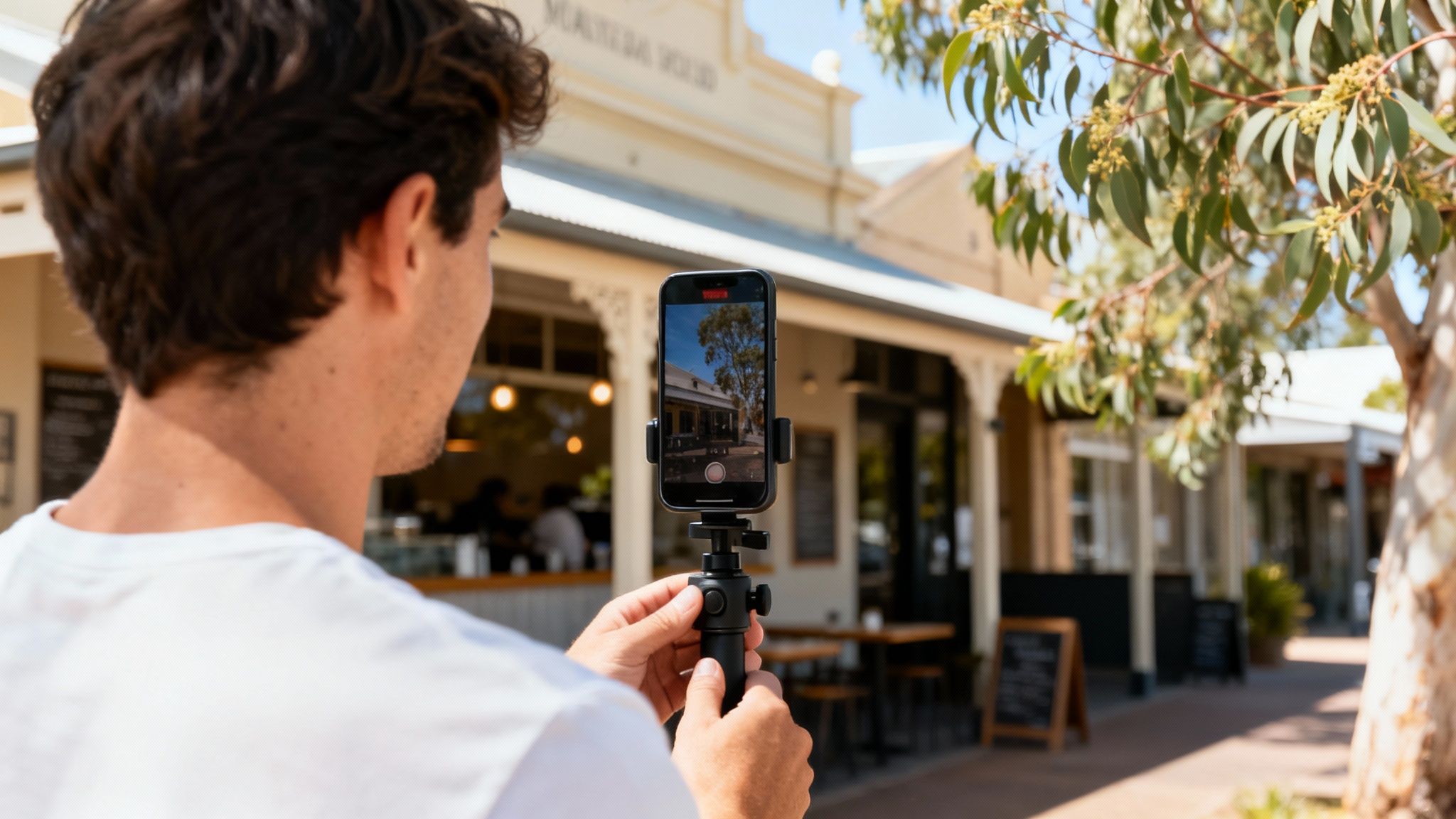 Man using smartphone on tripod to record video content for social media marketing