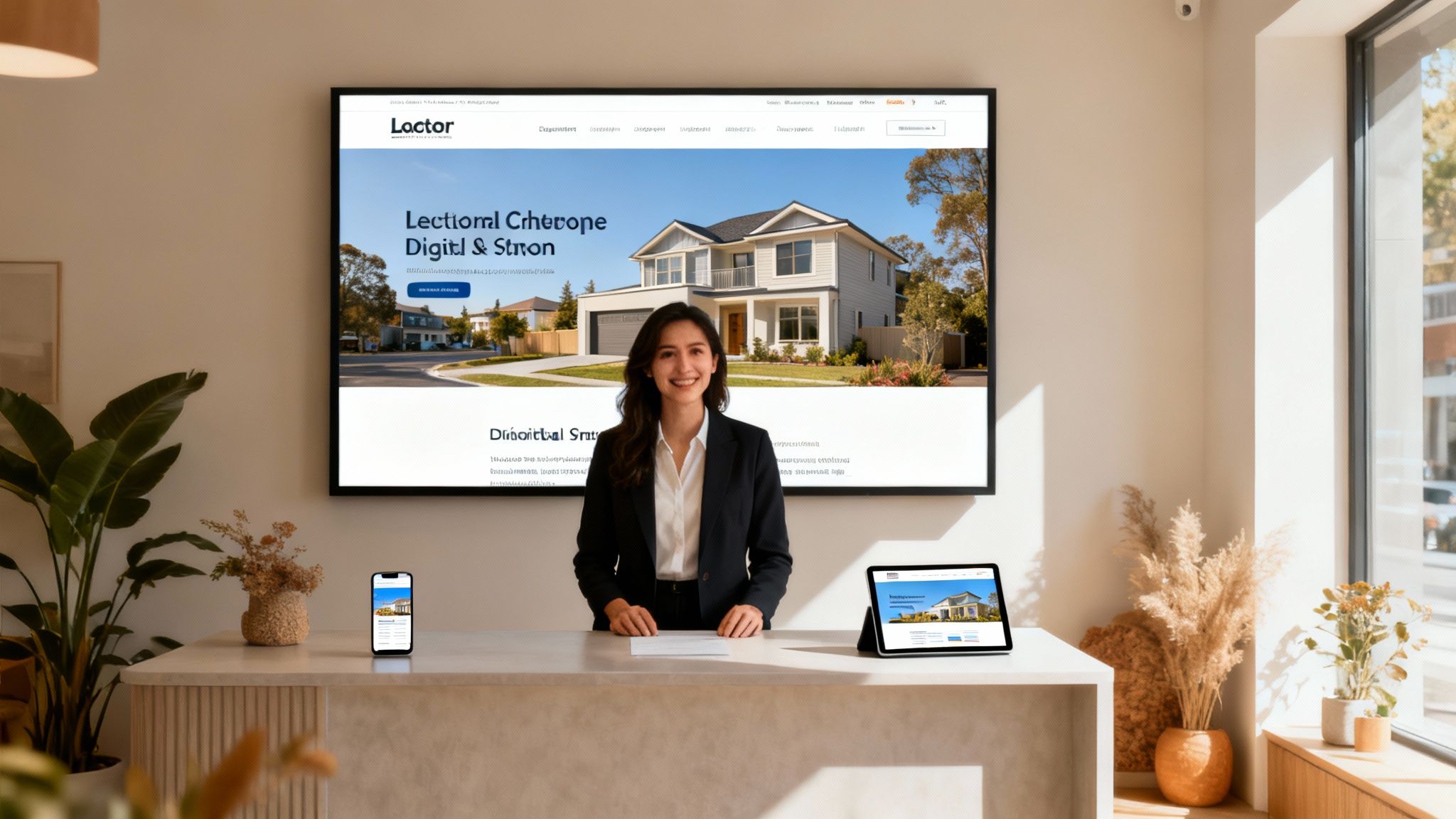 A smiling woman stands in front of a large screen displaying a real estate website, with a phone and tablet on the desk.