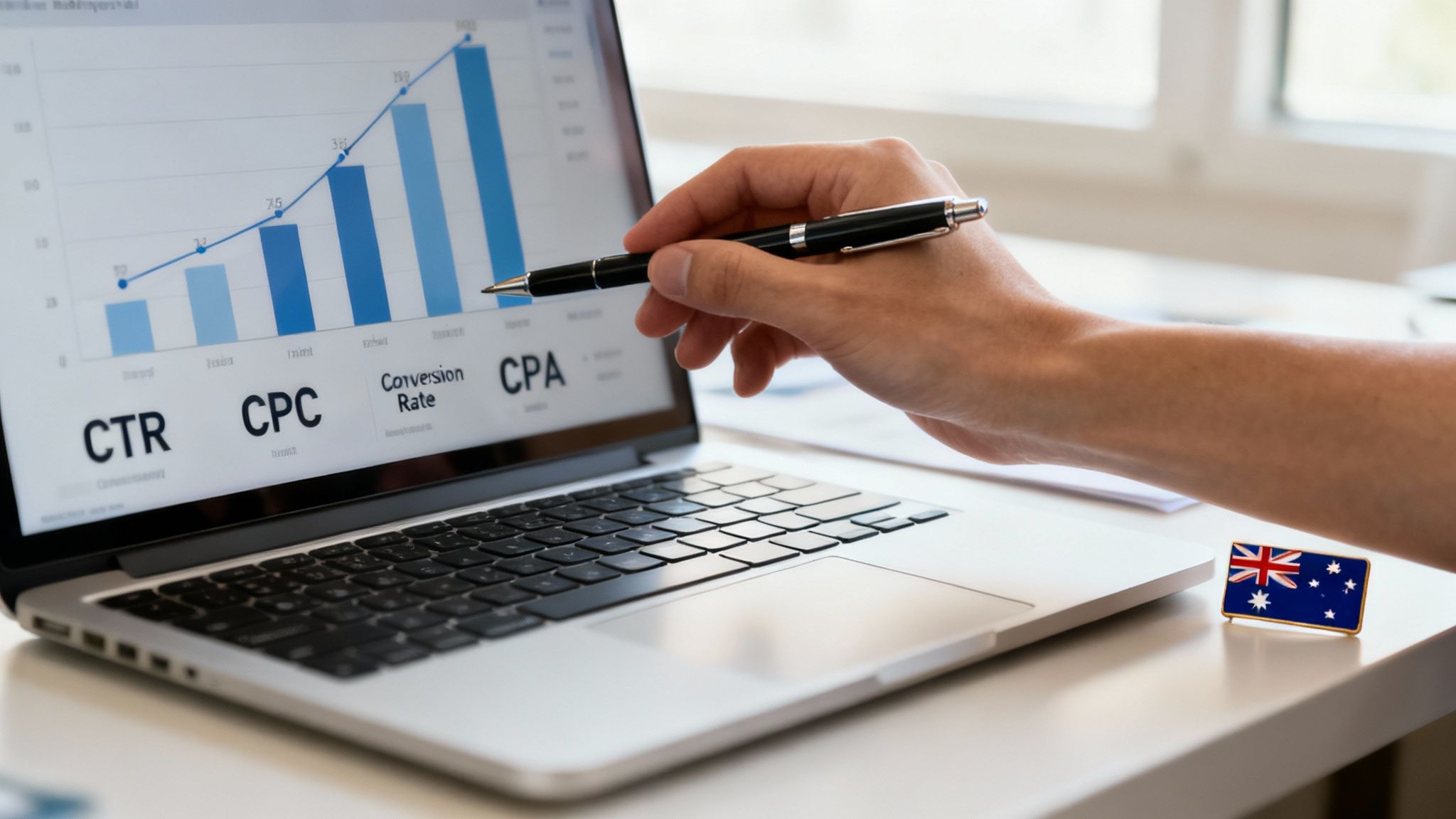 A visual representation of various digital marketing performance metrics on a dashboard, including charts and graphs for CTR, CPC, and conversion rates.