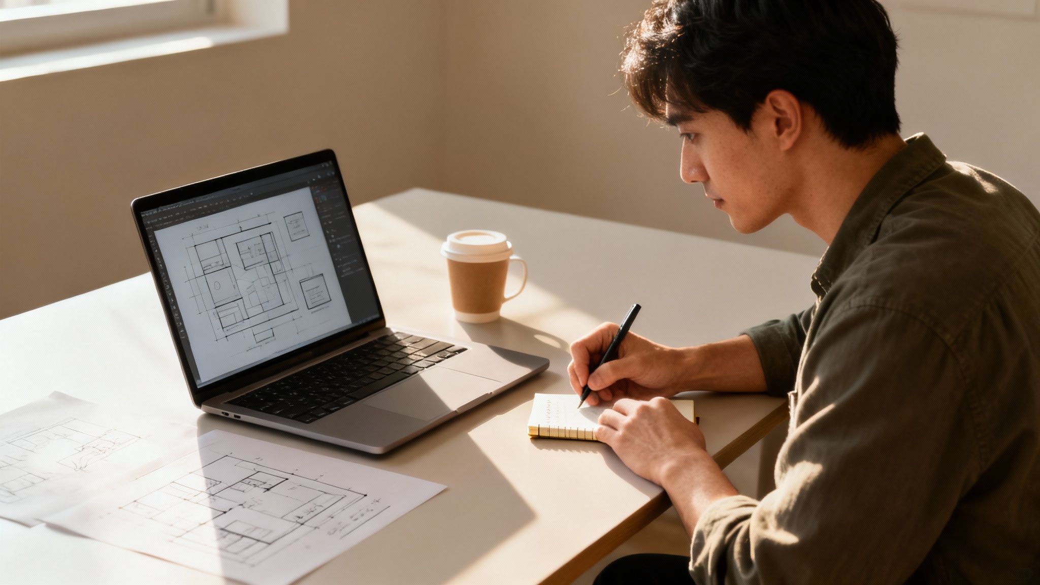 A designer works on blueprints on a laptop, taking notes, with coffee on a sunlit desk.