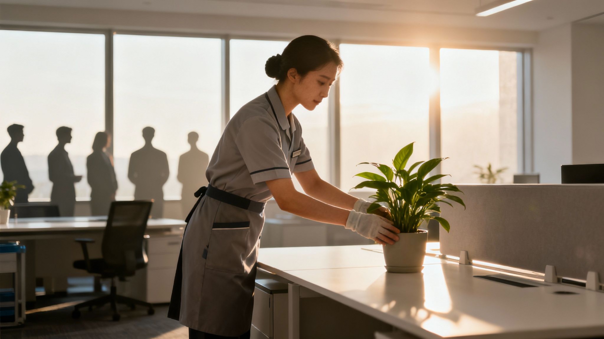 A professional cleaner sanitising an office desk in Newcastle, demonstrating attention to detail.