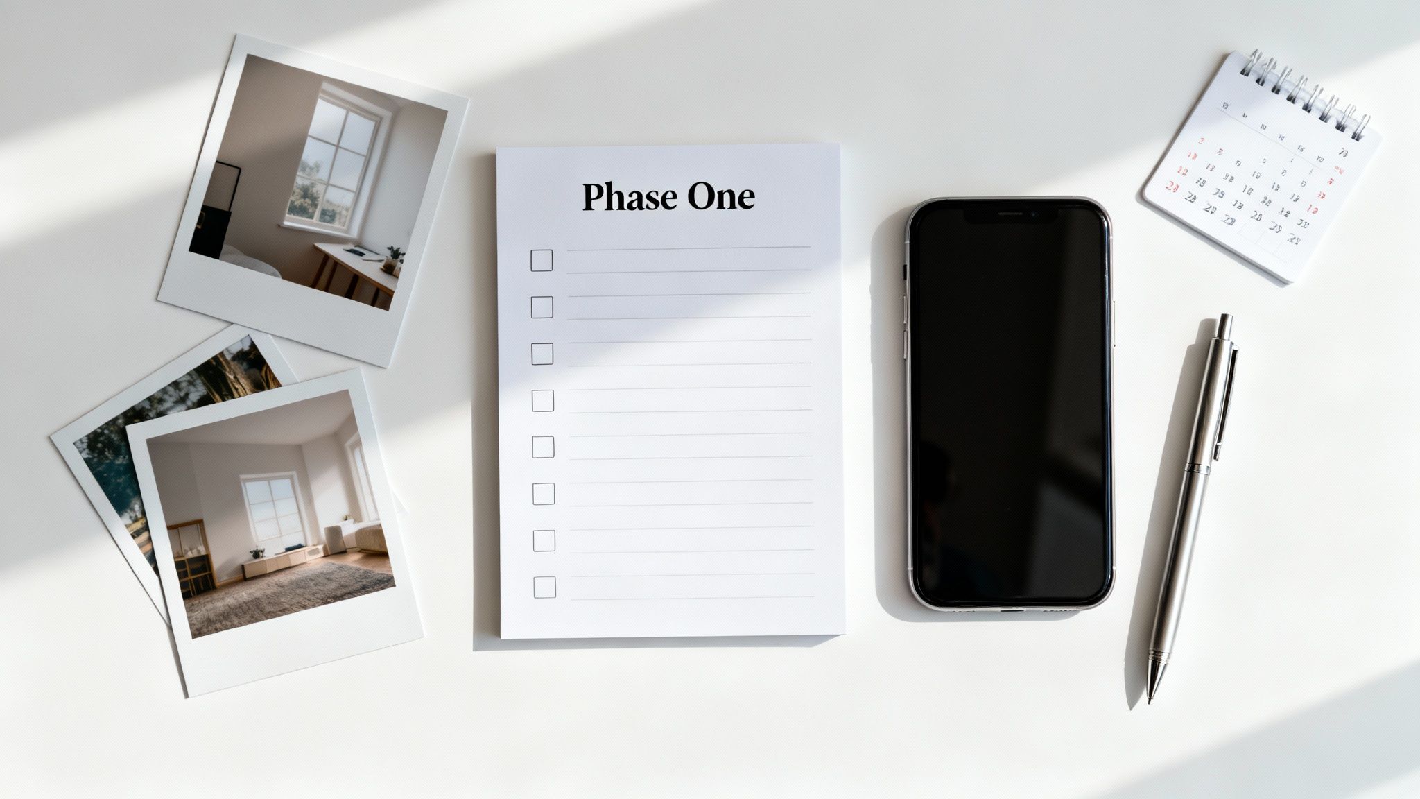 Top-down view of a white desk with instant photos, a 'Phase One' checklist, and tech.