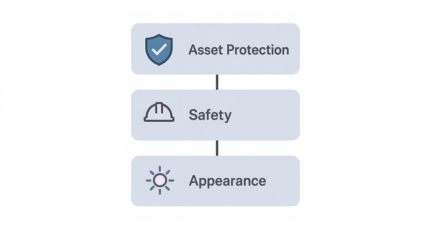 A vertical diagram illustrating three key aspects: Asset Protection, Safety, and Appearance.