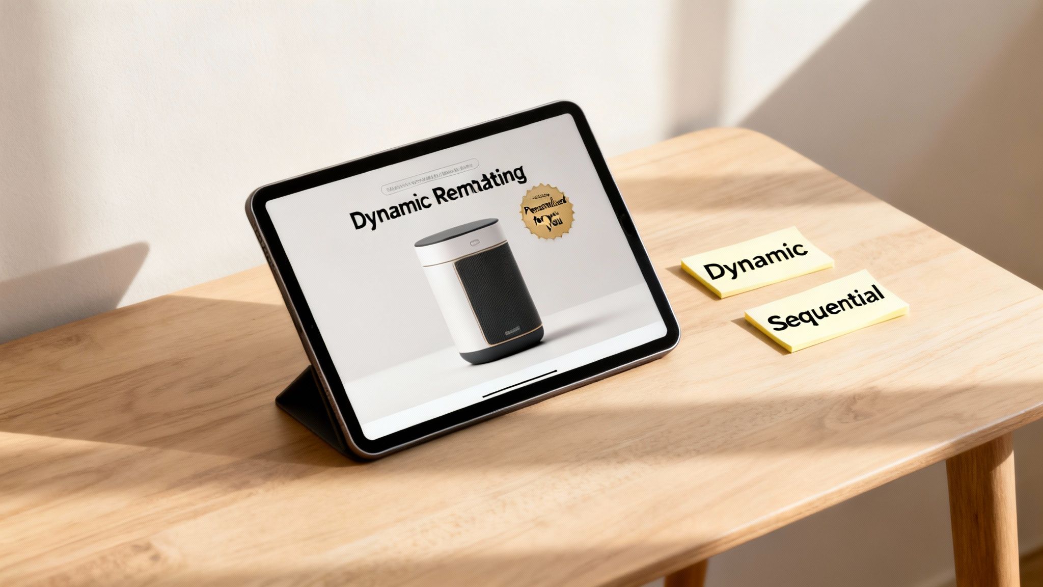 iPad on a wooden table displaying 'Dynamic Remkating' with a speaker, plus 'Dynamic' and 'Sequential' sticky notes.