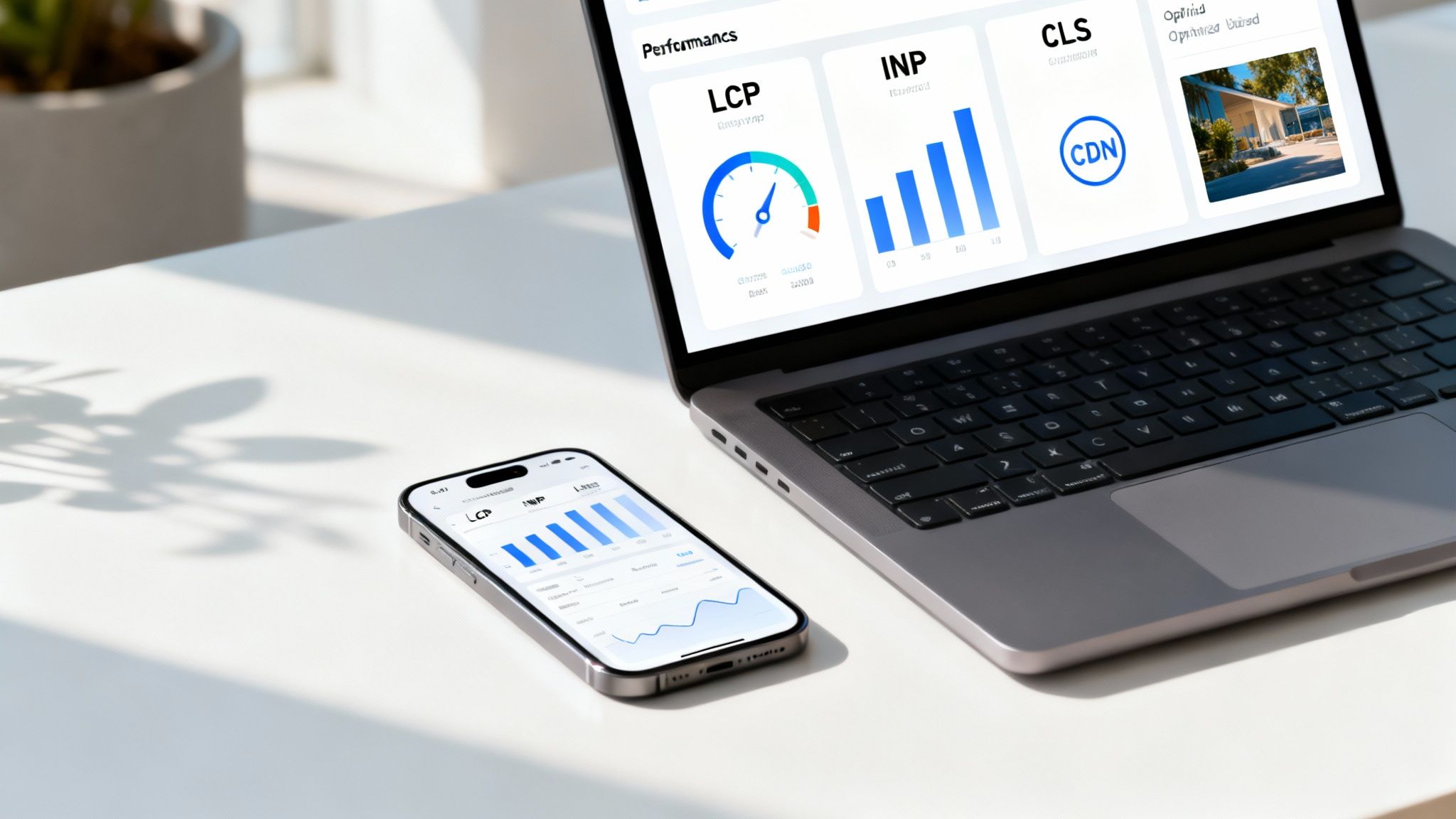 Laptop and smartphone displaying web performance analytics dashboards on a clean white desk.
