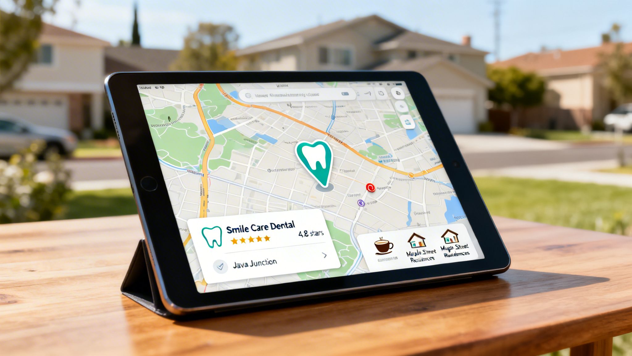 A tablet on a wooden table displays a map showing 'Smile Care Dental' with 4.8 stars in a suburban neighborhood.