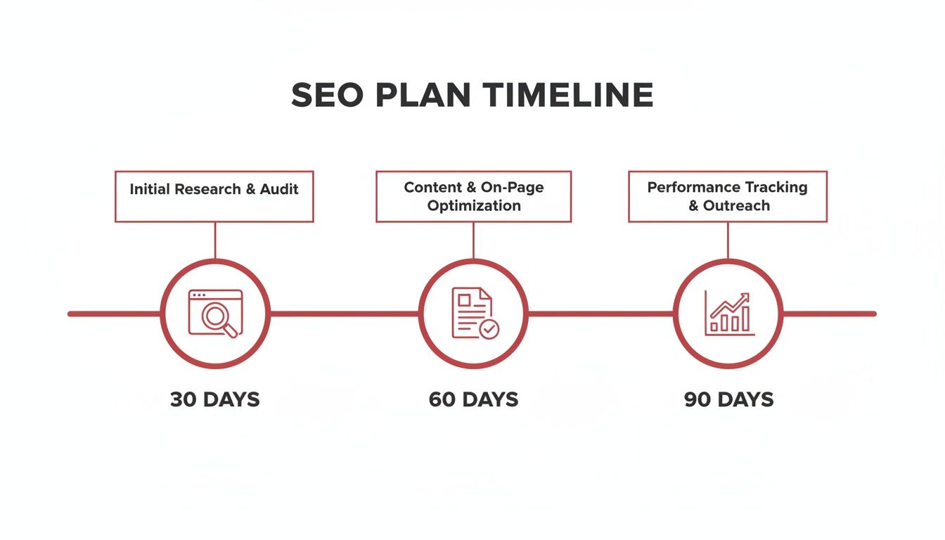 SEO plan timeline visual showing stages: Initial Research, Content Optimization, Performance Tracking over 90 days.