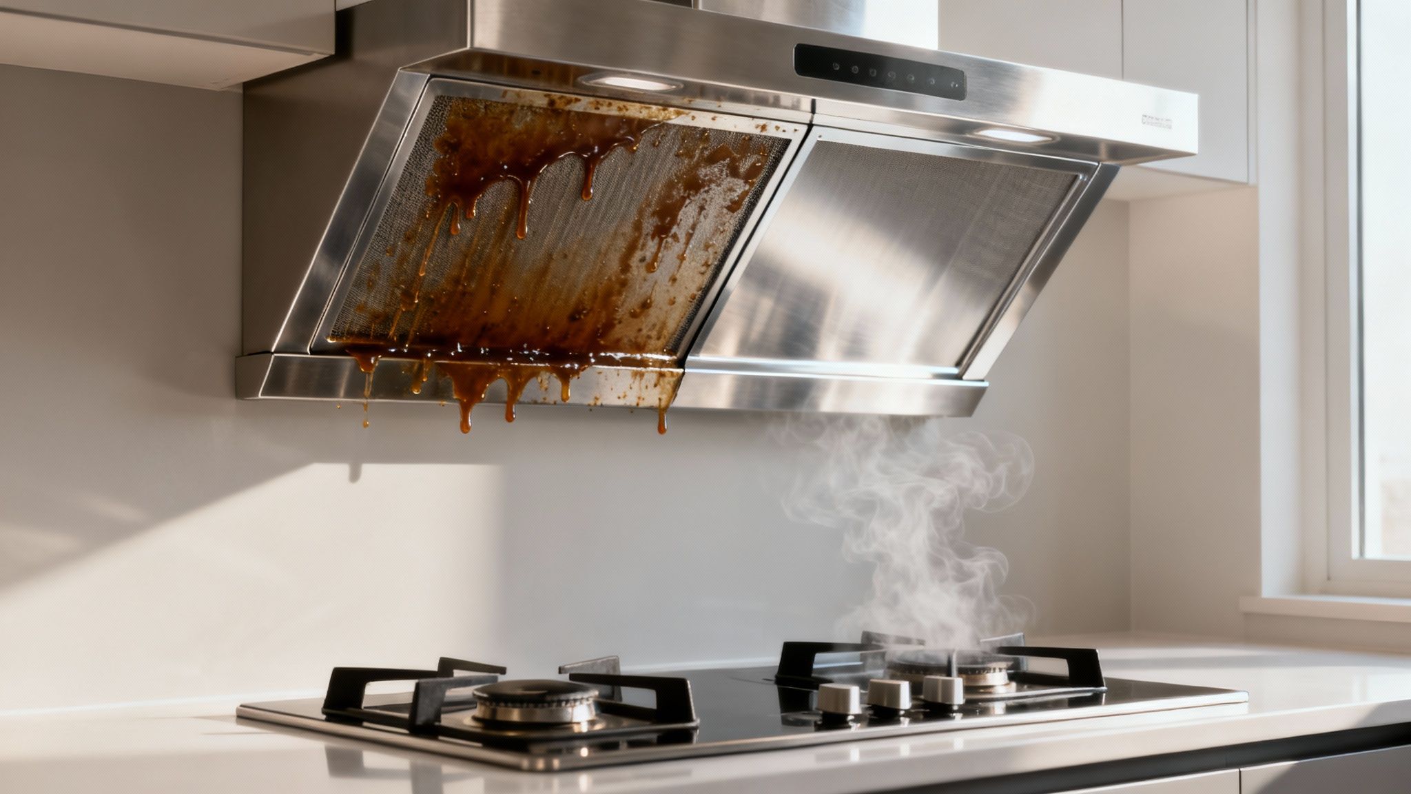 Dirty stainless steel kitchen rangehood covered in thick grease and oil buildup above gas cooktop